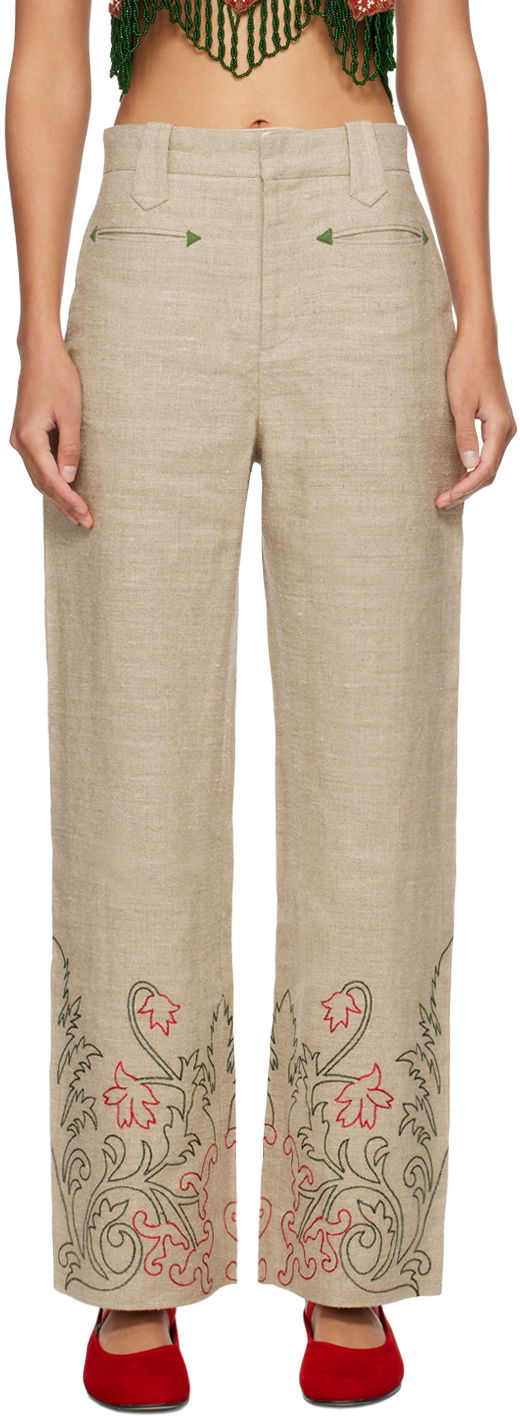 Nohavice Bode Embroidered Trumpetflower Trousers Béžová | WRS24BT025, 0
