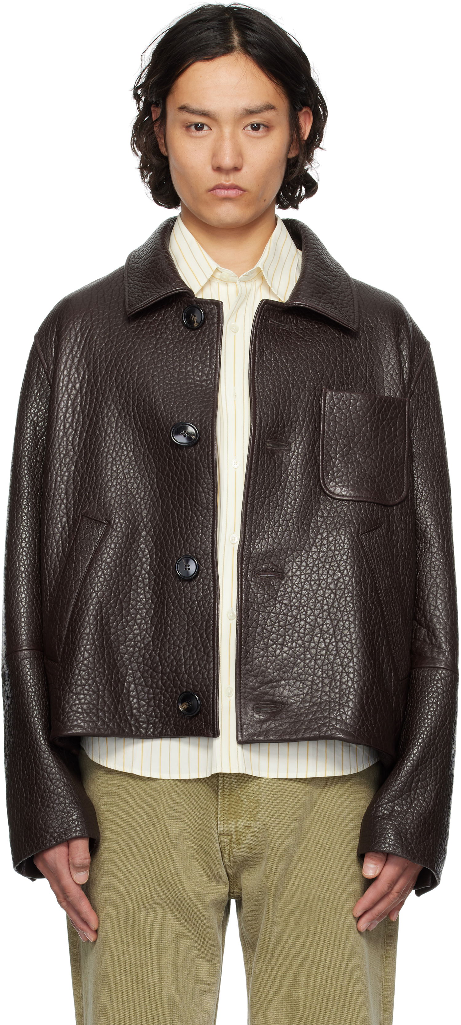 Bunda AMI AMI Paris Buttoned Leather Jacket Hnedá | UJK270.LH0050, 0