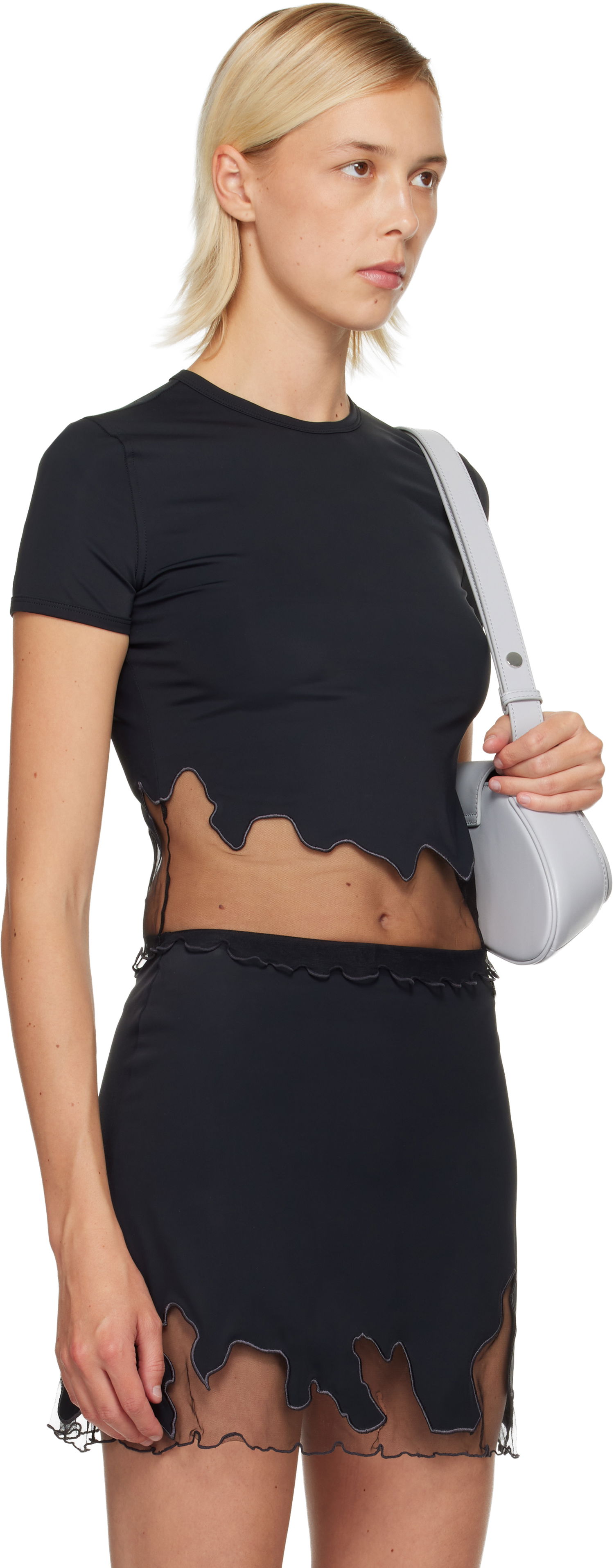 Tričko Diesel T-Inlay-R1 Short-Sleeve Cropped Scalloped Mesh-Trim T-Shirt Čierna | A19610 0NKCV, 1