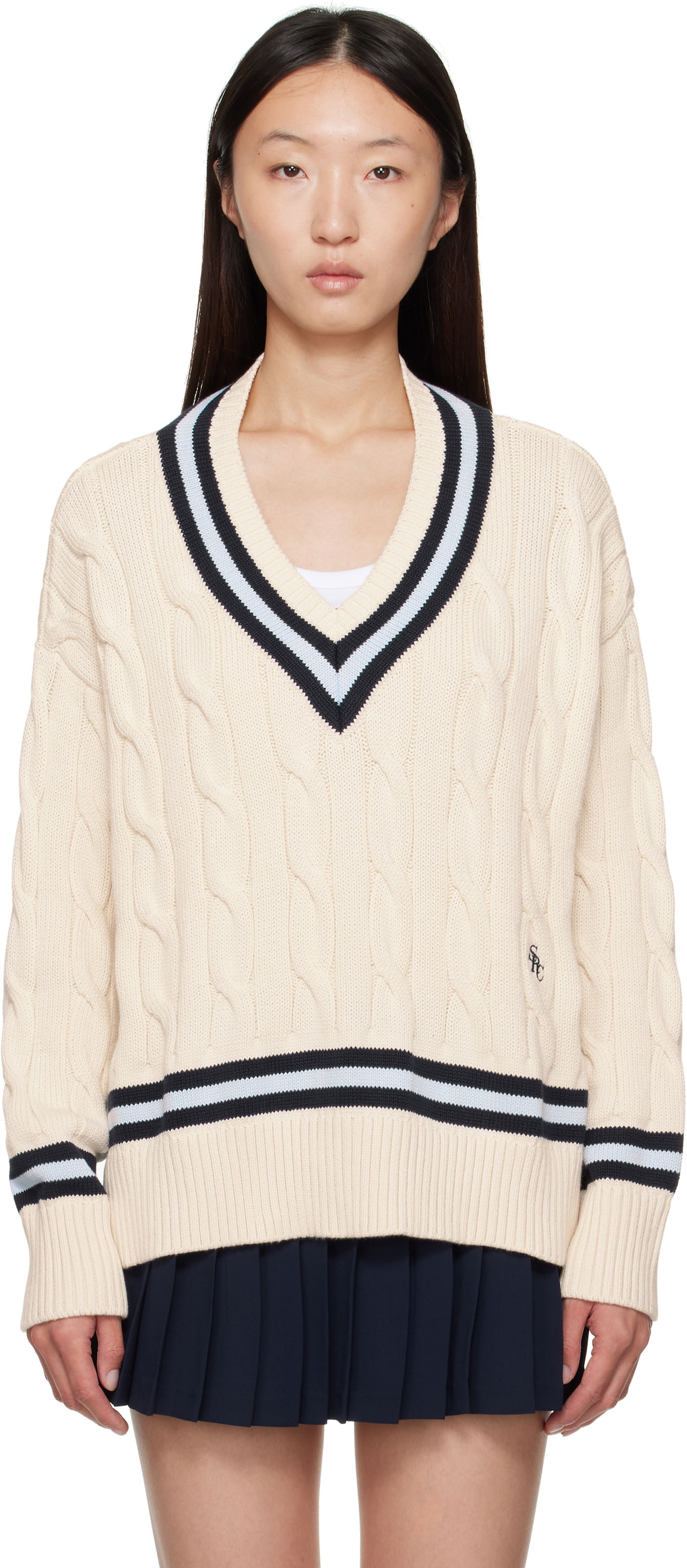 Sveter Sporty & Rich Sporty & Rich Cableknit V-Neck Sweater Béžová | WS011602302WH38, 0