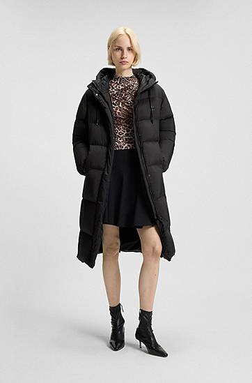 Prešívaná bunda BOSS Long-length hooded down jacket with stacked-logo print Čierna | 50546355, 1