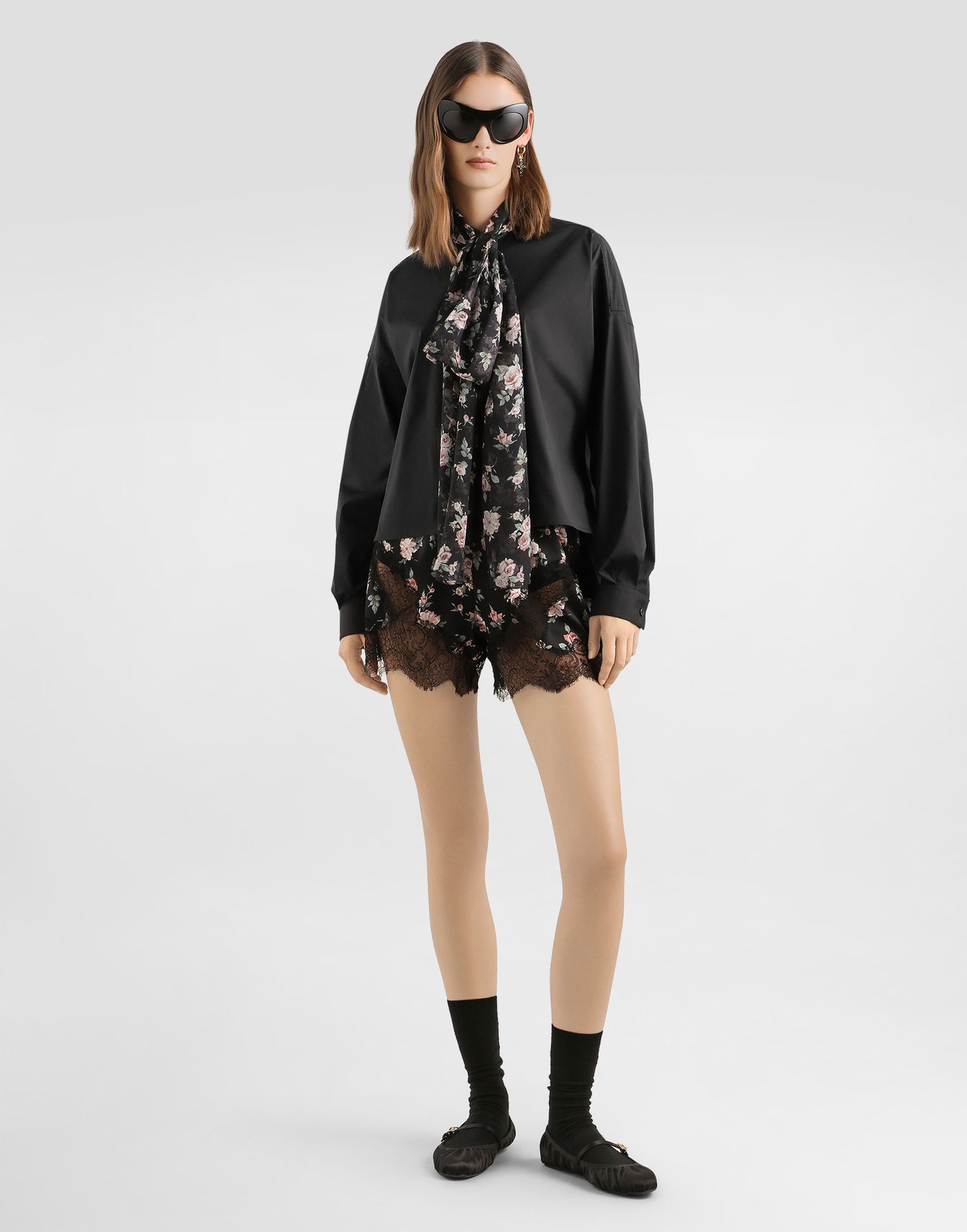 Košeľa Dolce & Gabbana Poplin Long Sleeve Shirt with Floral Print Tie-Neck Scarf Čierna | F5U13TFURMON0000, 1