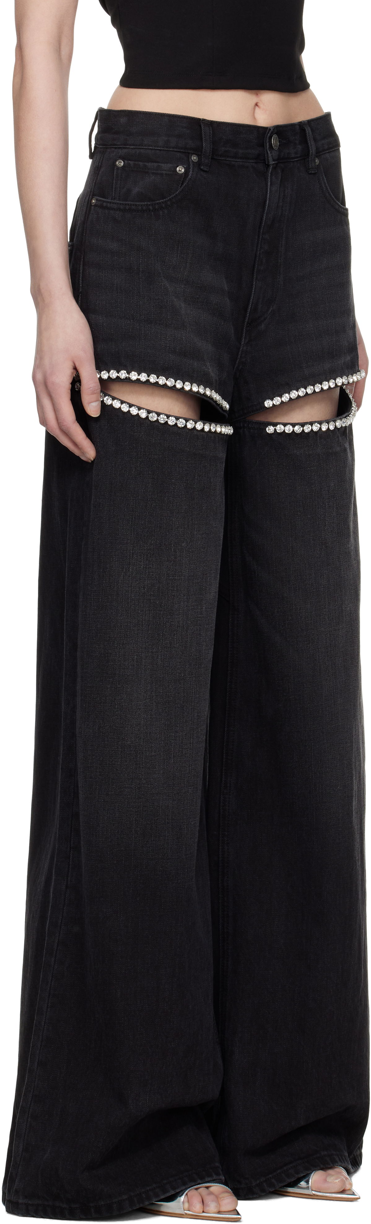 AREA Wide Leg Crystal Slit Jeans