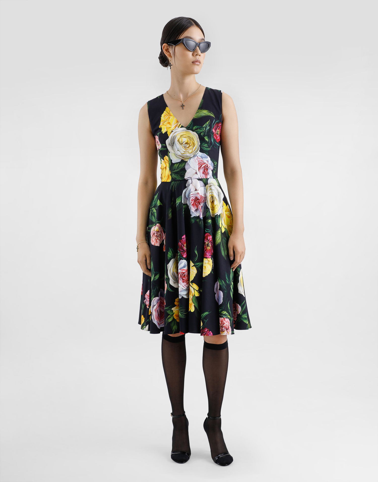 Šaty Dolce & Gabbana Dolce & Gabbana Peony and Rose Print Cady Midi Dress Čierna | F6TLCTFSRPHHN5IY, 1