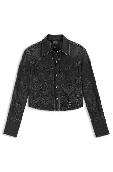Bunda BOSS Cropped regular-fit crystal-embellished chevron denim jacket Čierna | 50548445, 0
