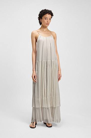 Šaty BOSS Tiered Striped Silk Dress Biela | 50535154, 1