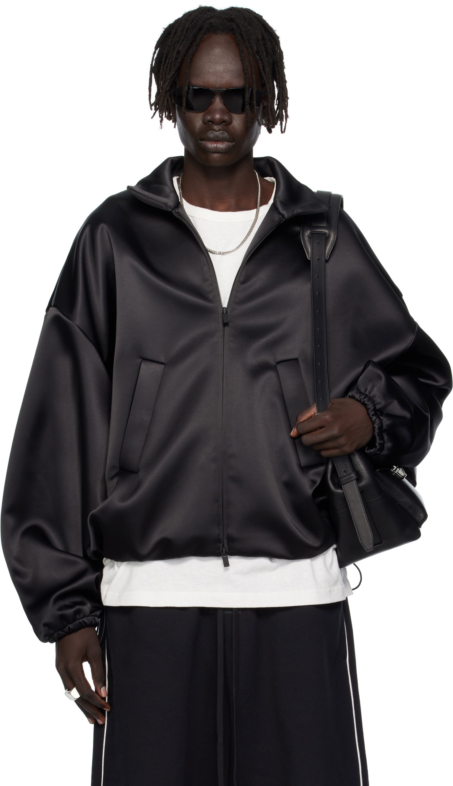 Bomber bunda Fear of God ESSENTIALS Bonded Satin Zip-Up Bomber Jacket Čierna | 202SP258070F, 0