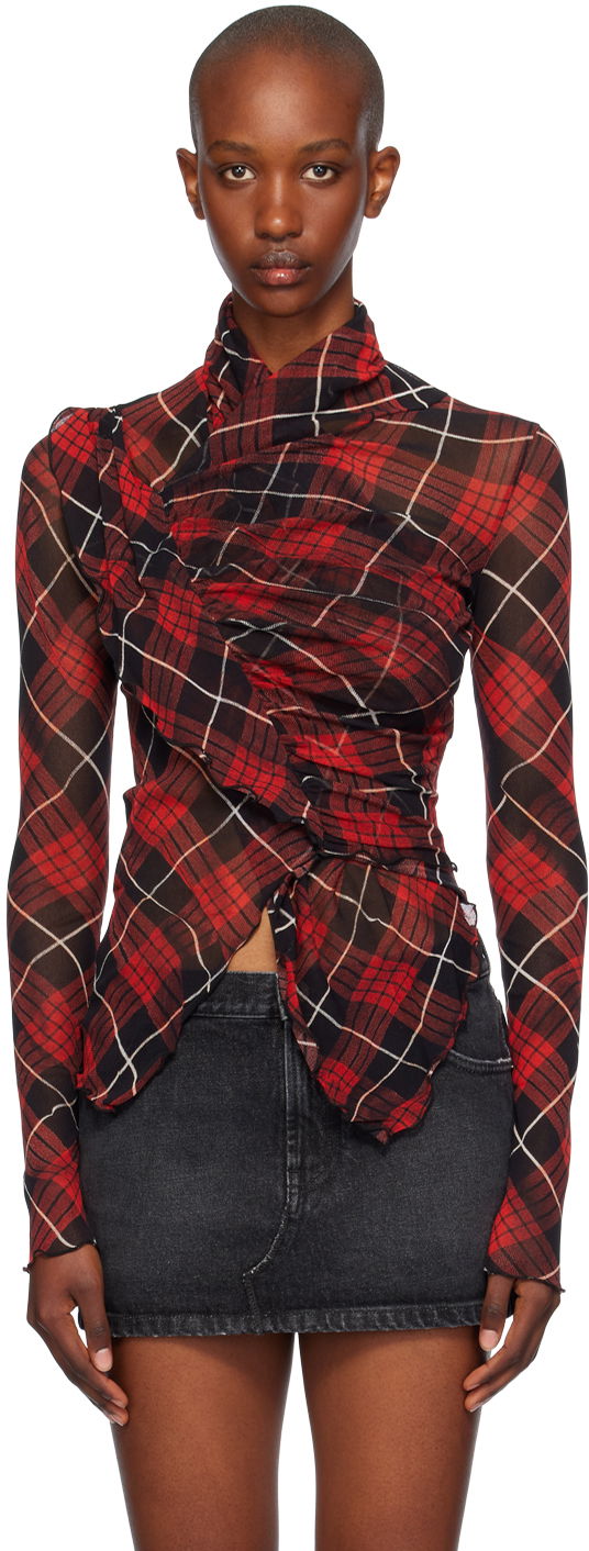 Košeľa Jean Paul Gaultier Distorted Tartan Long Sleeve Top Červená | 24/31-F-TO203-T568-300001, 0
