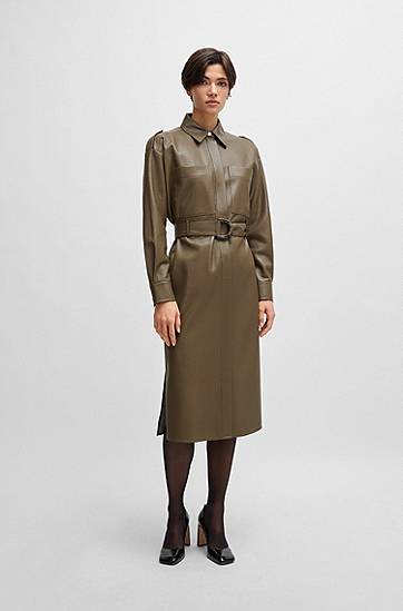 Šaty BOSS Perforated Faux Leather Belted Shirt Dress Zelené | 50505962, 1