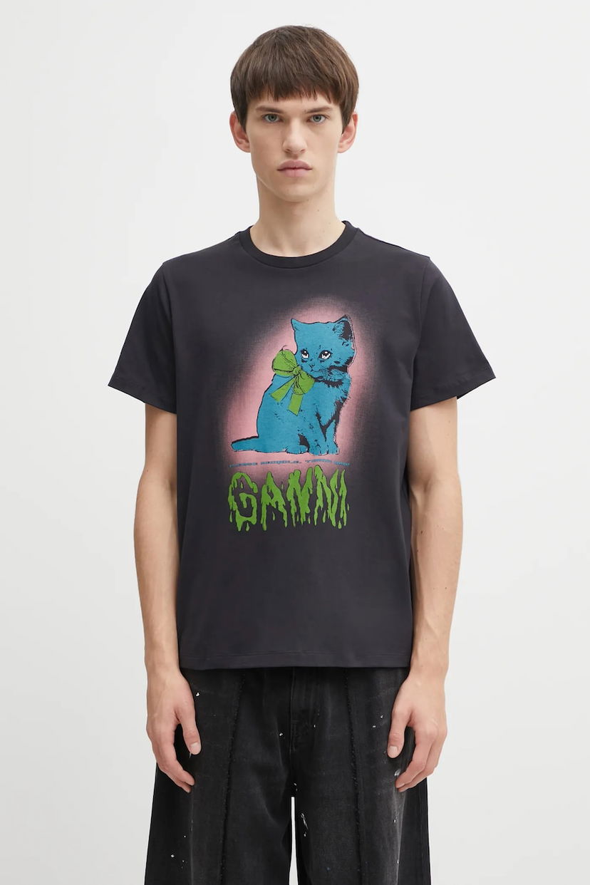 Tričko GANNI Basic Cotton Jersey Neon Kitty T-shirt Čierna | T4340