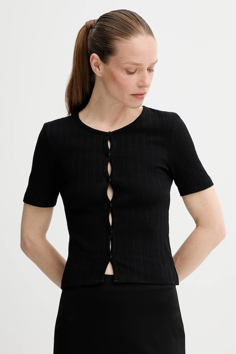 Crop Top Samsoe Samsoe Ribbed Short-Sleeve Button-Front Top SAJUNI Čierna | F25200028