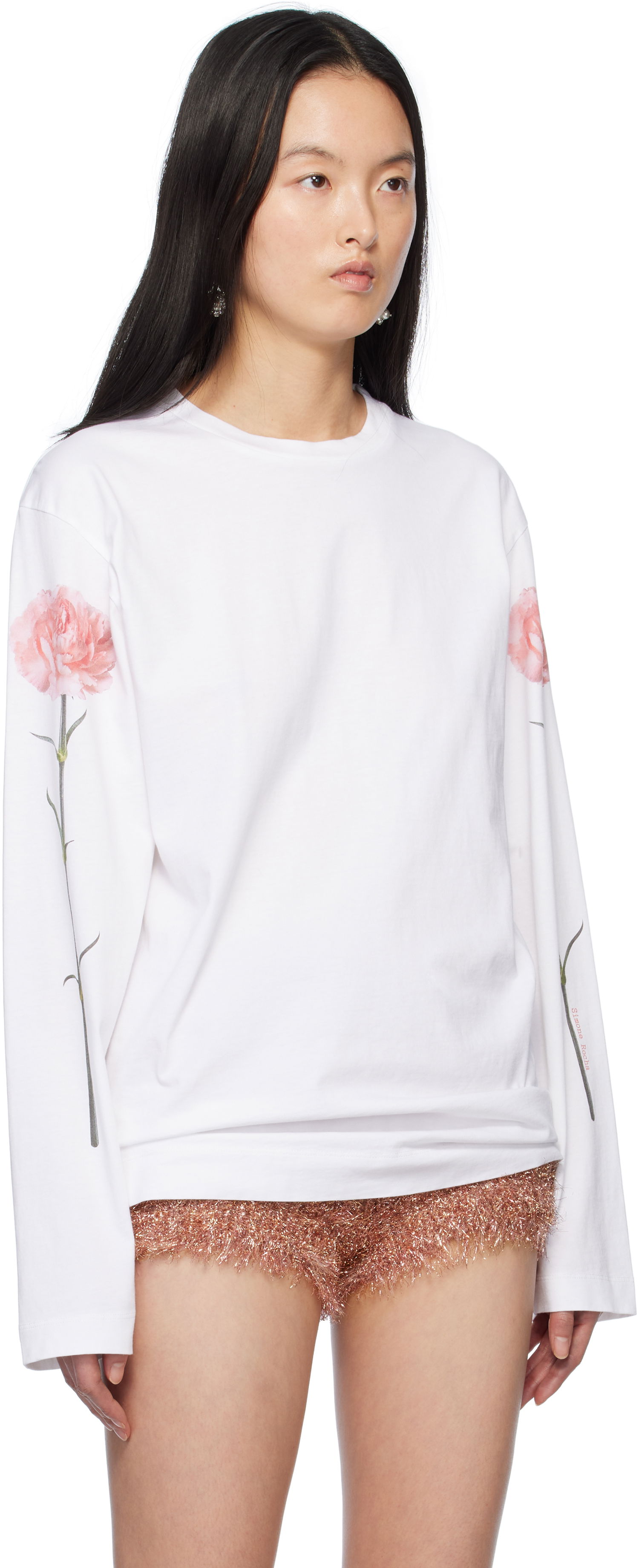 Tričko Simone Rocha Simone Rocha Carnation Print Long Sleeve T-Shirt Biela | 5194P32P32A-W 0569, 1