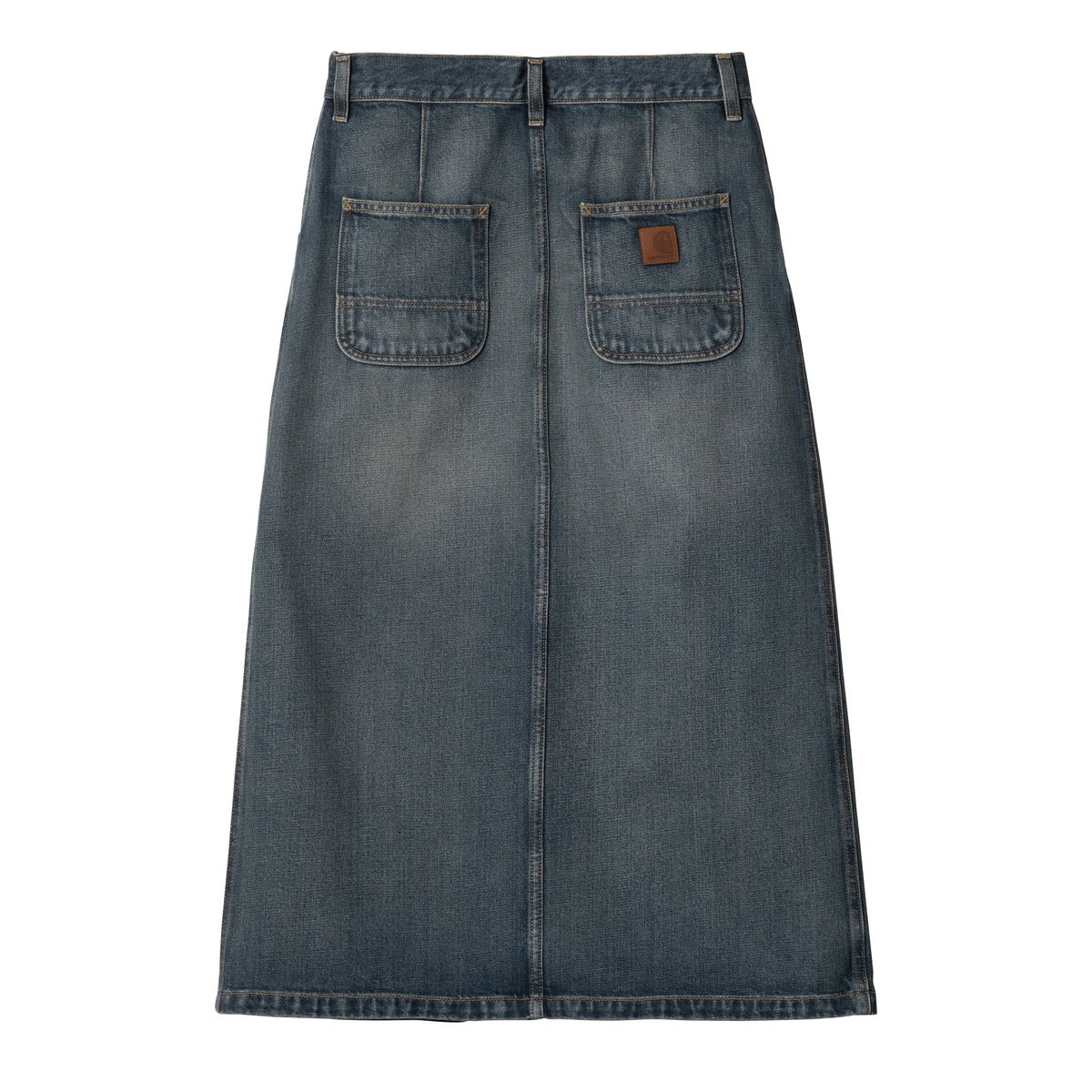 Worn Wash Button-Front Denim Midi Skirt