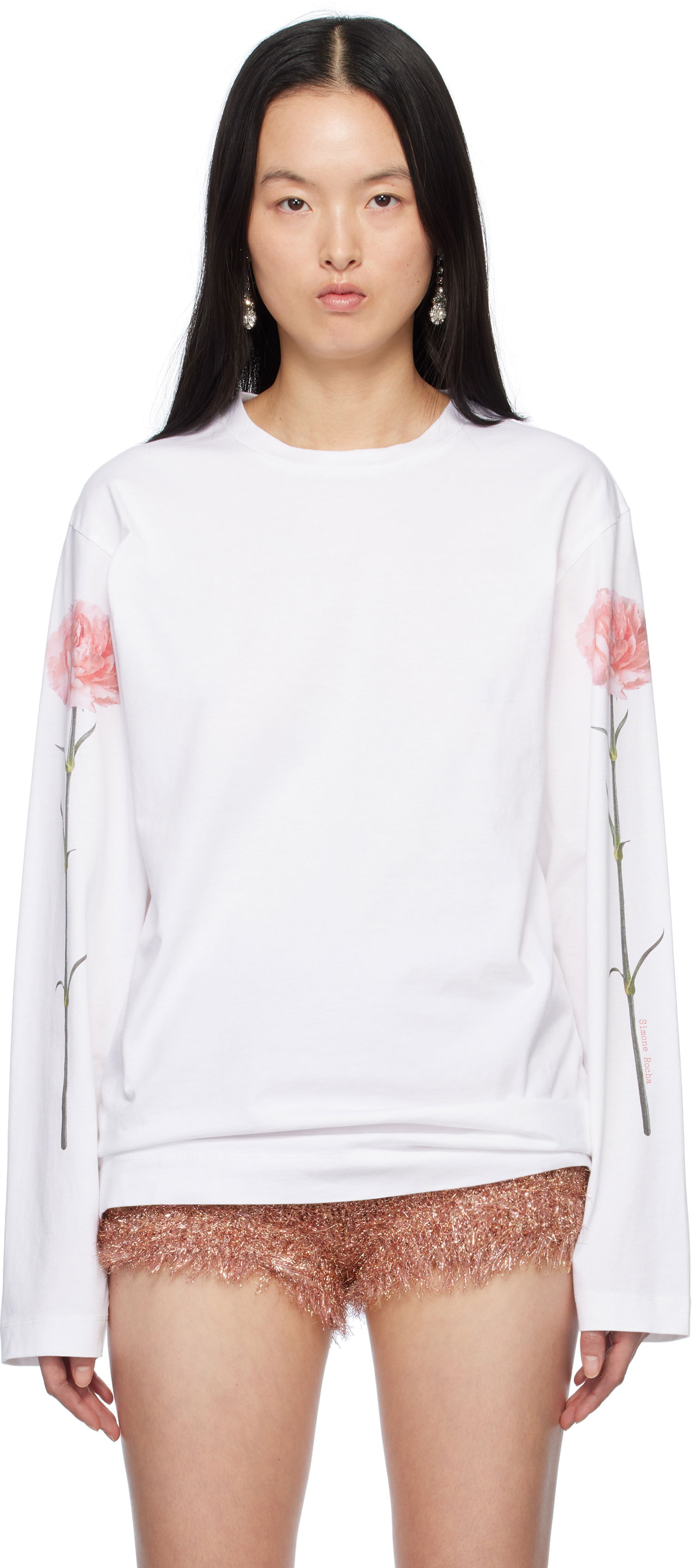 Tričko Simone Rocha Simone Rocha Carnation Print Long Sleeve T-Shirt Biela | 5194P32P32A-W 0569, 0