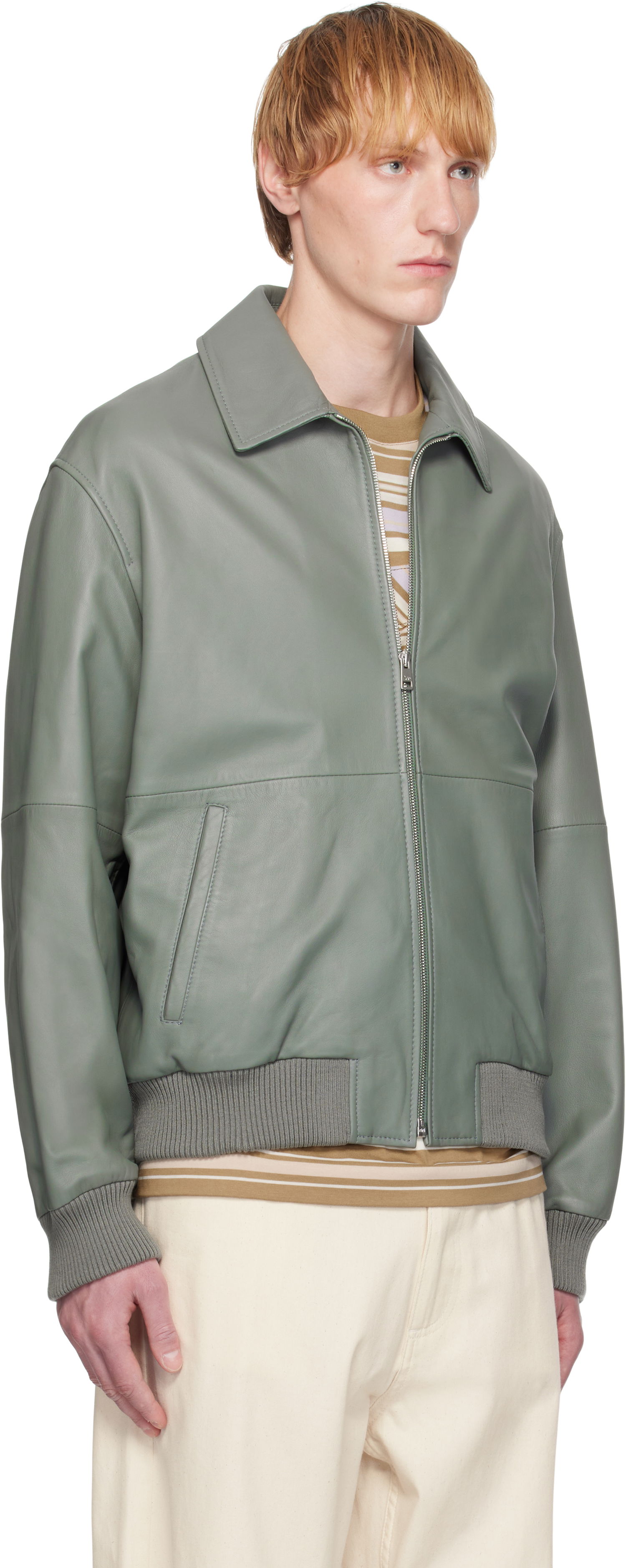 Bomber bunda MAISON KITSUNÉ Maison Kitsuné Leather Bomber Jacket Zelené | OM02129LR0019, 1