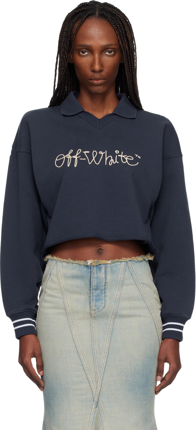 Sveter Off-White Embroidered Script Polo Sweater Navy | OWBA07BF25FLE0024C19