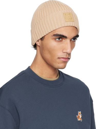 Kulicha MAISON KITSUNÉ Maison Kitsuné Fox Head Leather Patch Beanie Béžová | OW06110KT1140, 1