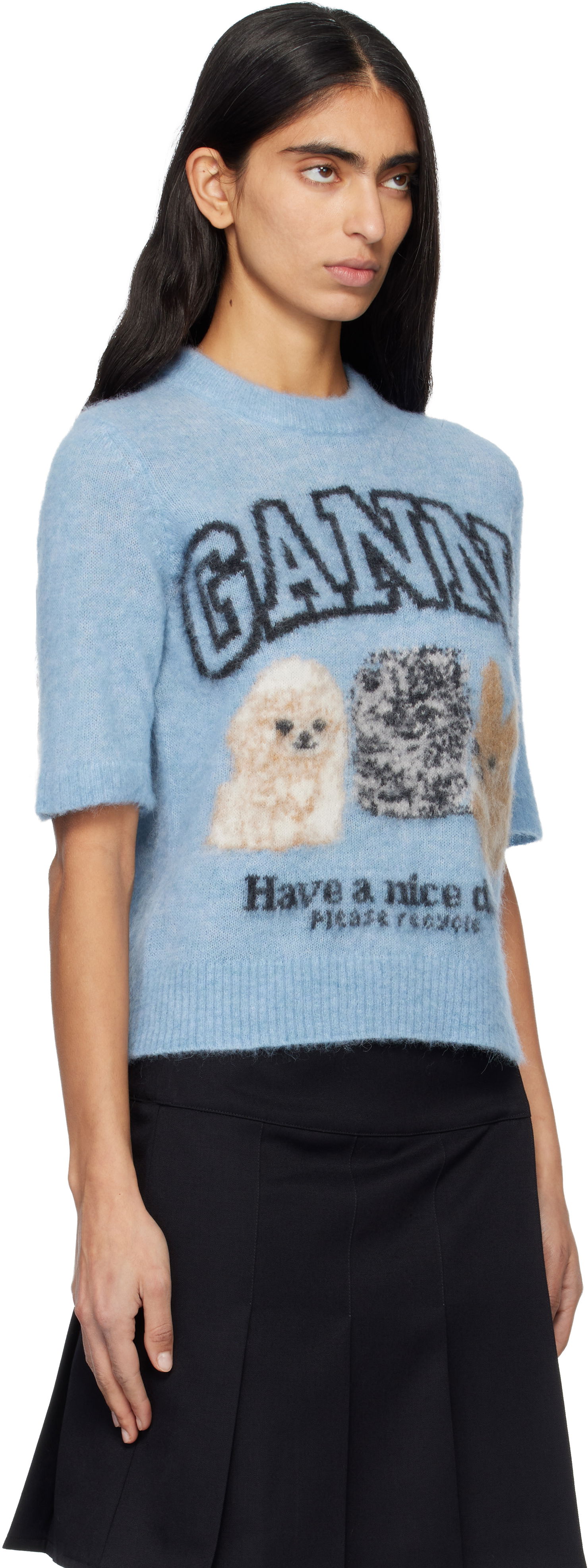 Sveter GANNI Fine Brushed Alpaca Puppies Short-Sleeve Sweater Modrá | K2517, 1