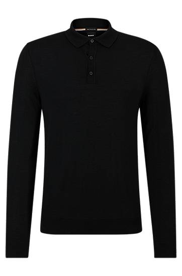 Polo tričko BOSS Long-Sleeved Virgin Wool Polo Sweater Čierna | 50476355, 0
