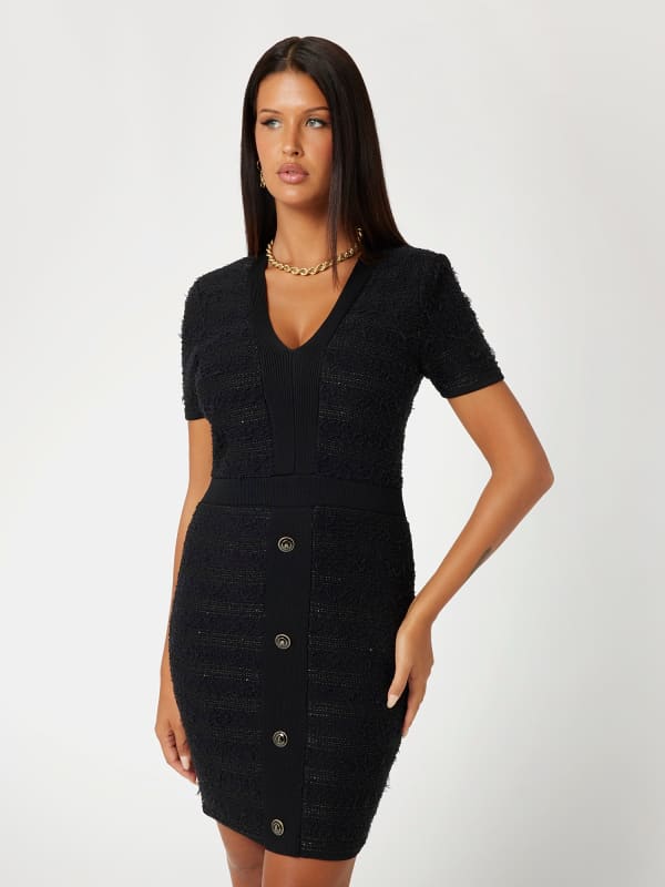 Šaty GUESS Bouclé Button-Down Mini Sweater Dress Čierna | 5RGK045852Z, 0