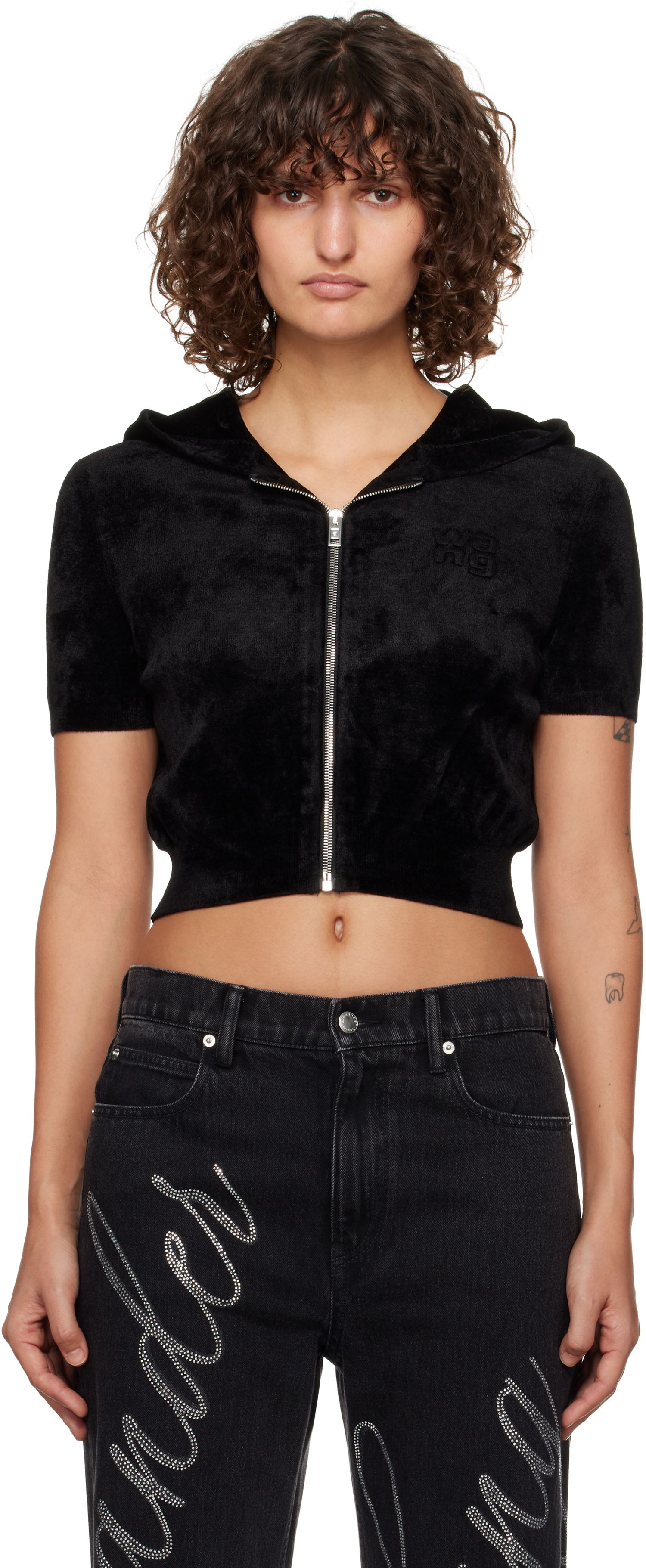 Mikina Alexander Wang Alexander Wang.t Cropped Velour Zip-Up Hoodie Čierna | 4KC4243003, 0