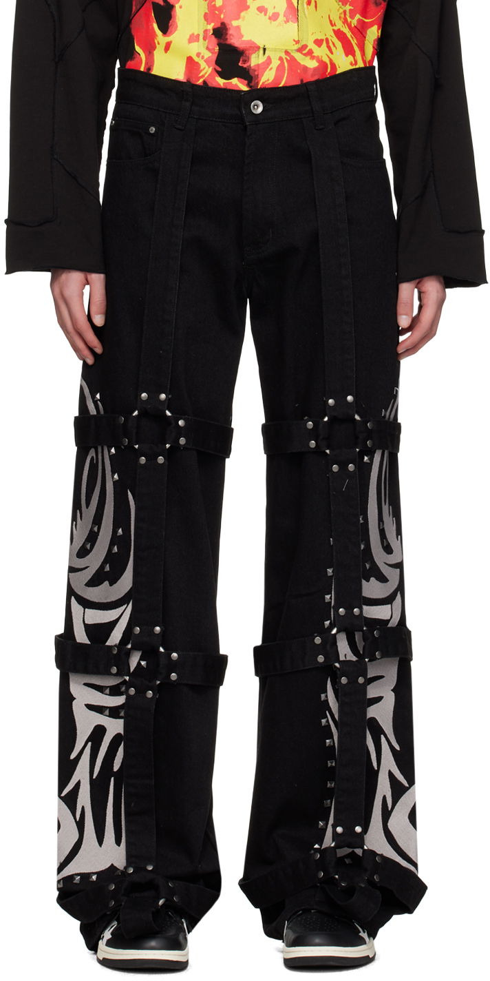 Džínsy Who Decides War Who Decides War Bondage Strap Studded Graphic Jeans Čierna | 1121030002SS24, 0