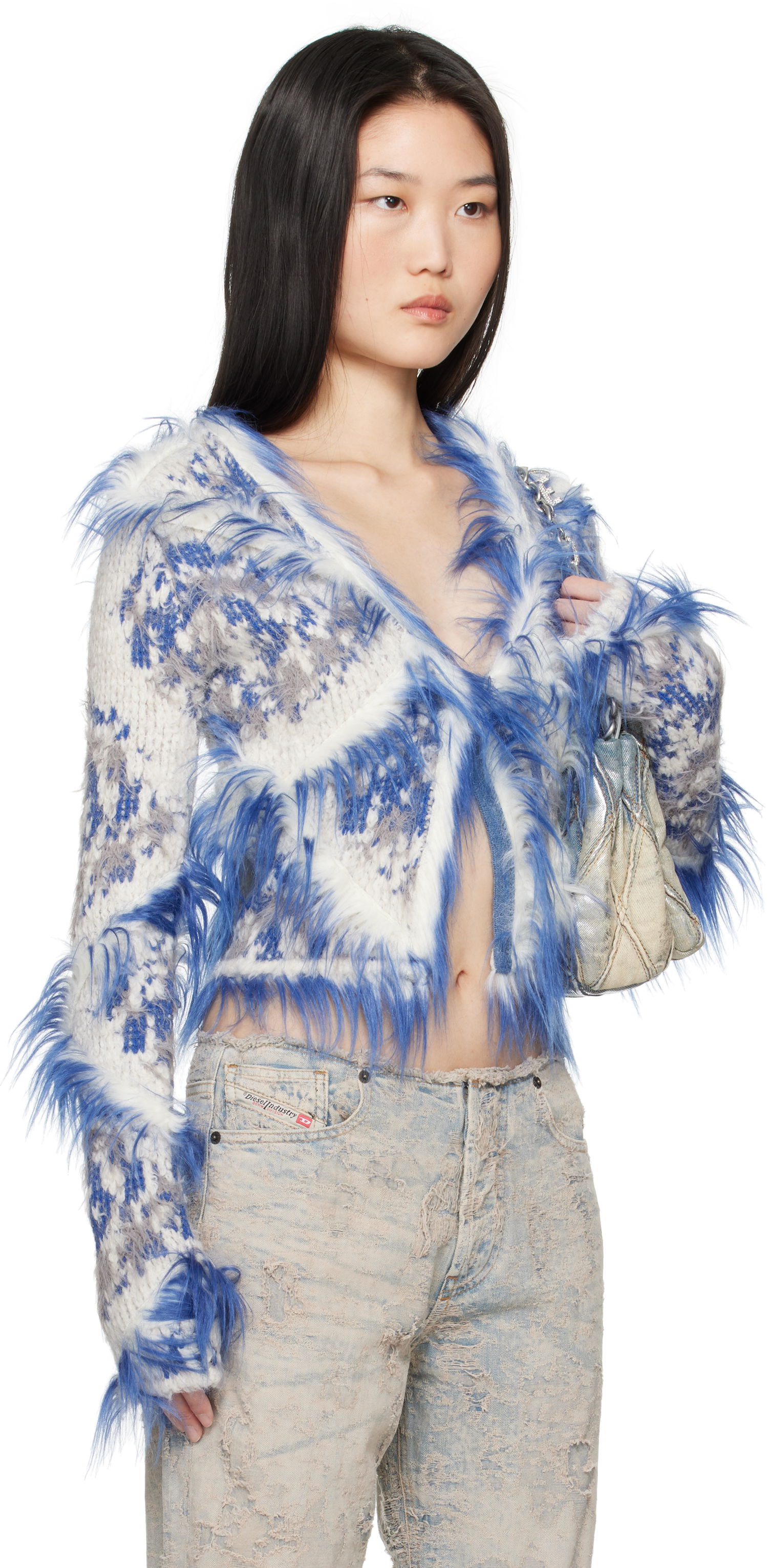 Sveter Diesel Faux Fur Trimmed Cropped Cardigan Modrá | A17256 0ABDM, 1