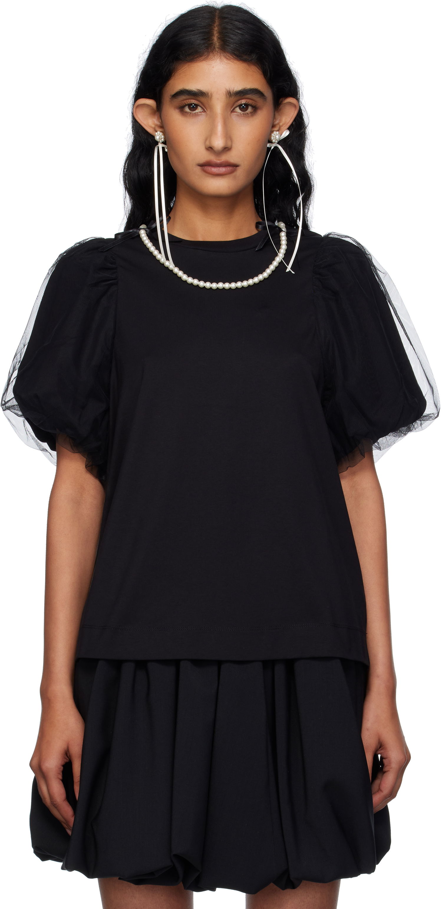 Tričko Simone Rocha Simone Rocha Embellished Tulle Overlay Puff Sleeve T-Shirt Čierna | 5397B 0553, 0