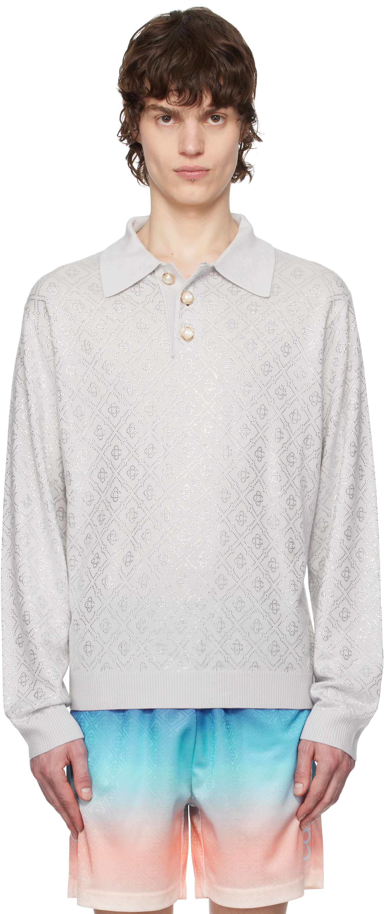 Polo tričko Casablanca Casablanca Crystal Monogram Knit Polo Šedá | MPS25-KW-865-01, 0