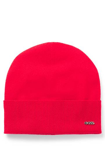 Kulicha BOSS BOSS Wool and Cashmere Beanie with Logo Trim Červená | 50524276, 0