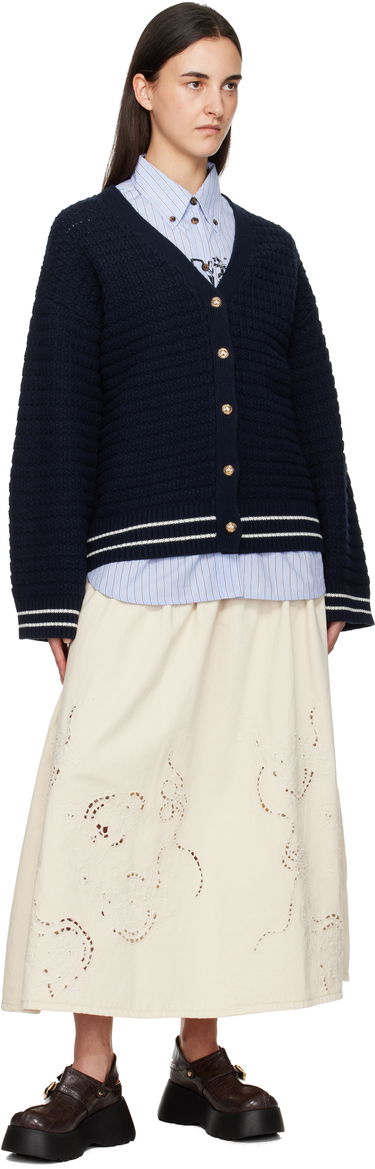 Sveter GANNI Textured Knit Wool V-Neck Cardigan with Gold-Tone Buttons and Striped Trim Navy | K2634, 3