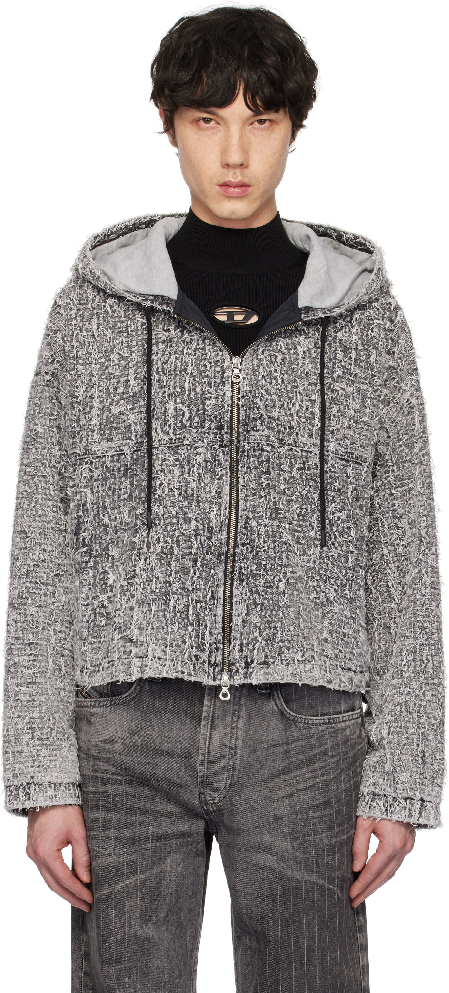 Mikina Diesel Diesel De-Flow-S1 Frayed Denim Zip-Up Hoodie Šedá | A16366-0ABCR-02, 0