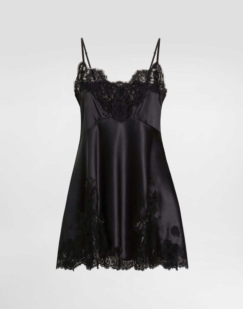 Šaty Dolce & Gabbana Dolce & Gabbana Stretch Satin Mini Dress with Lace Čierna | F60FFTFURAGN0000