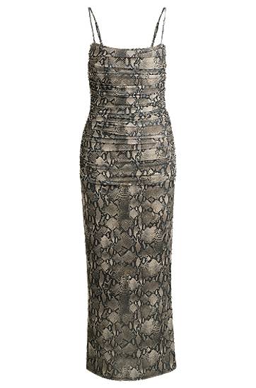 Šaty BOSS Snakeskin Print Ruched Mesh Corset Midi Dress Šedá | 50540915, 0