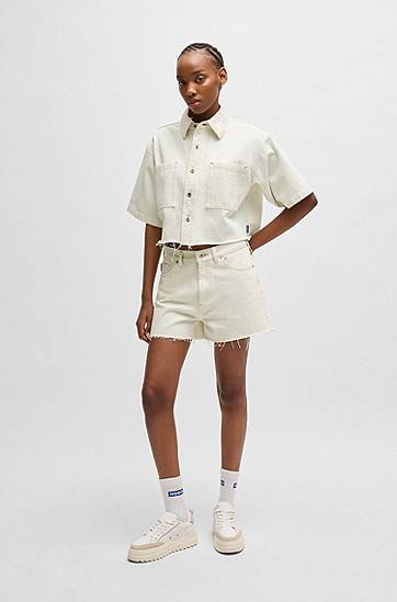 Košeľa BOSS Cropped Denim Blouse with Raw Hem Biela | 50537471, 1