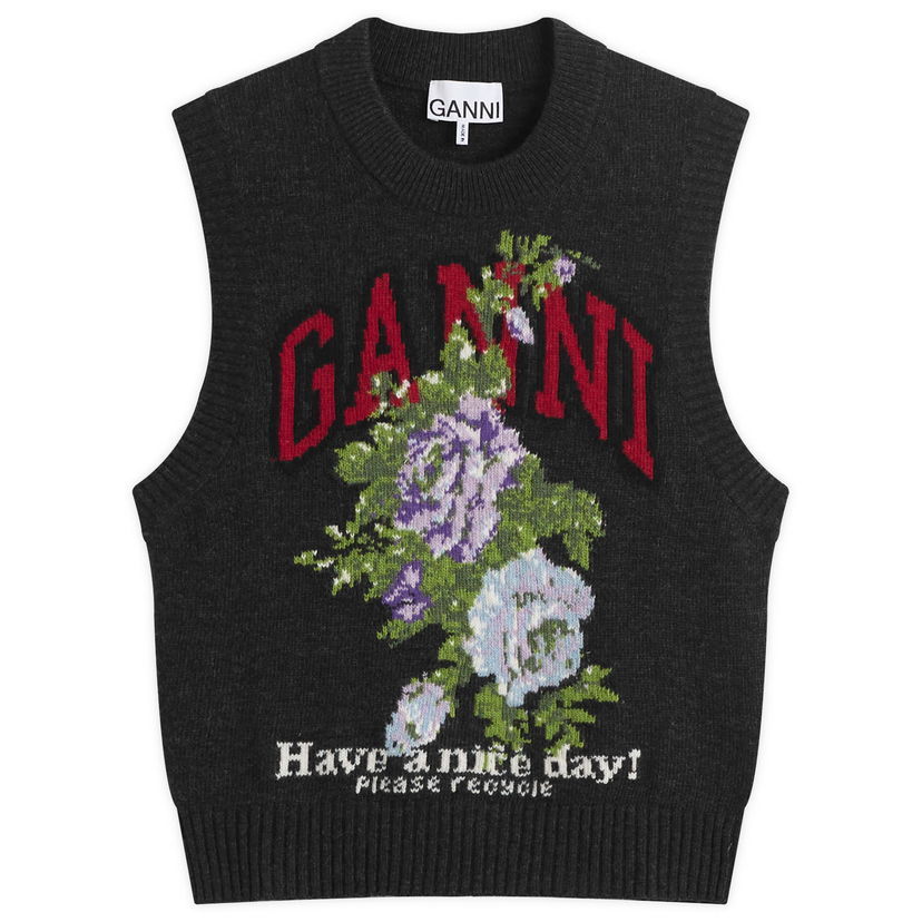 Vesta GANNI GANNI Knitted Wool Vest with Floral Graphic Šedá | K2596-252