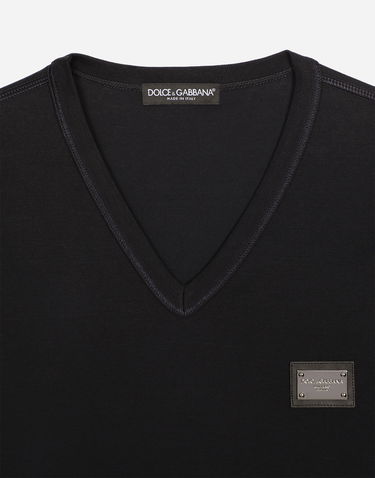 Tričko Dolce & Gabbana Cotton V-neck T-shirt With Branded Tag Čierna | G8PT2TG7F2IB0665, 2