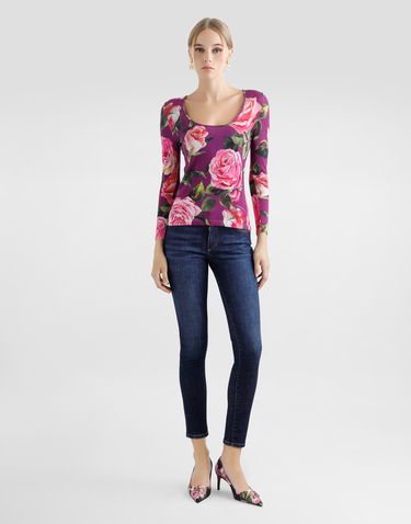 Tričká a tielka Dolce & Gabbana Dolce & Gabbana Rose-Print Silk Long-Sleeve Top Fialová | FXX82TJAHLCHP5IG, 1