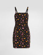 Small Rose Bouquets-print Draped Ruched Charmeuse Mini Dress