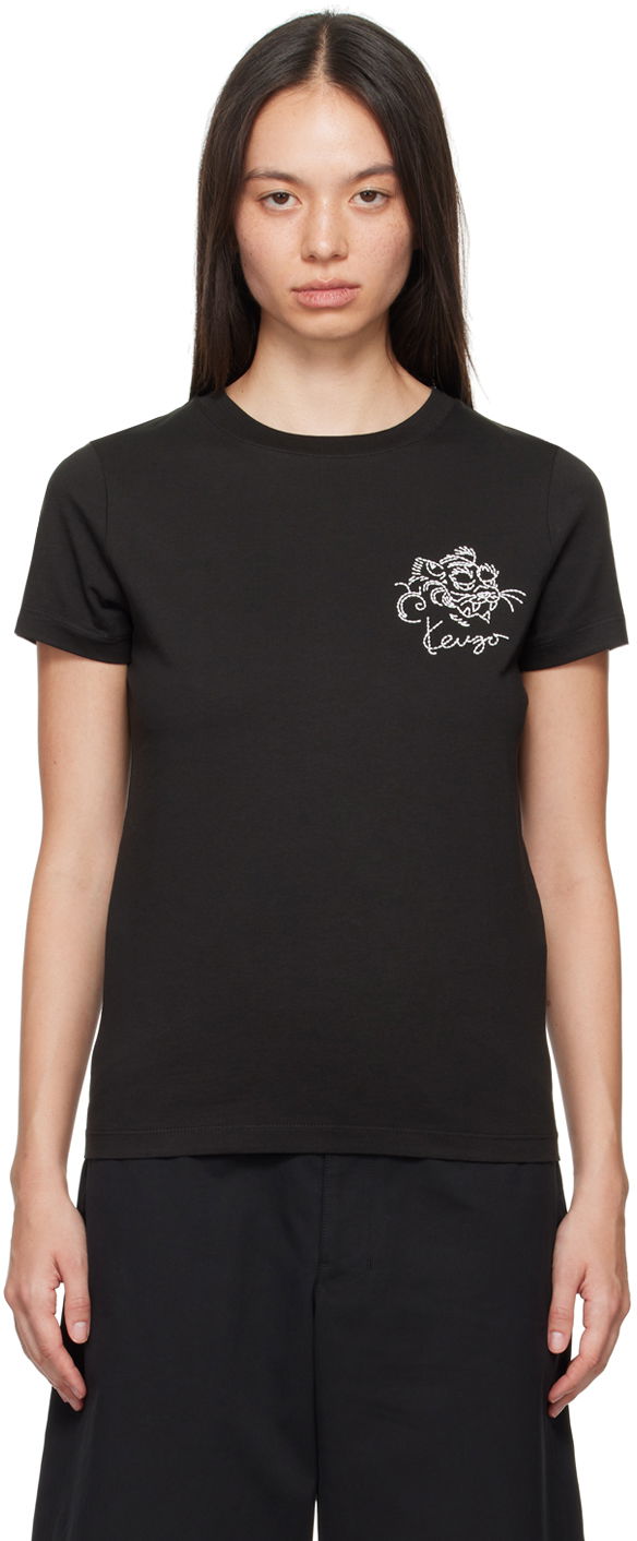 Black Paris Star Tiger Embroidered T-Shirt