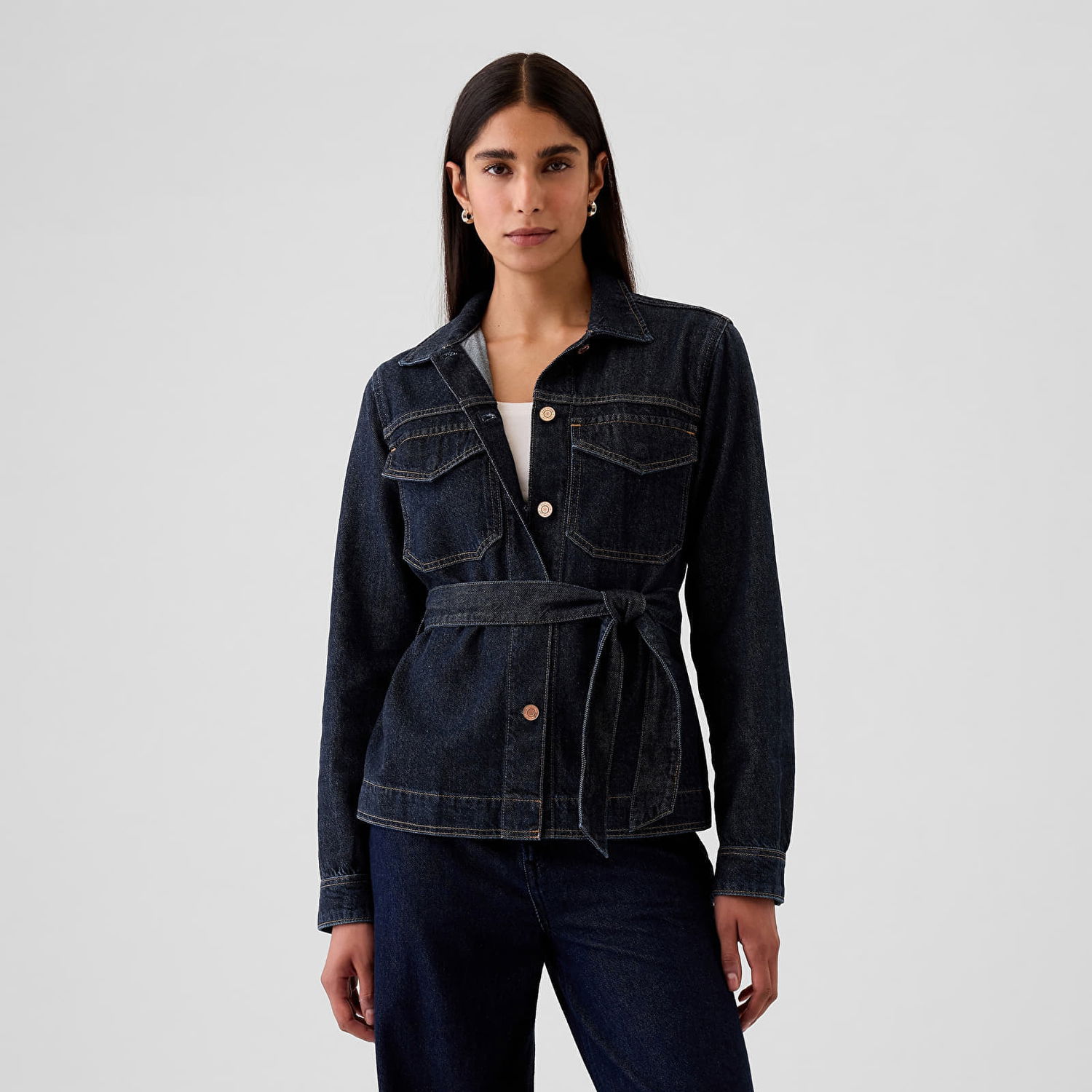 Bunda GAP Jacket Belted Featherweight Jacket Dark Wash Indigo L Čierna | 498988-00, 0