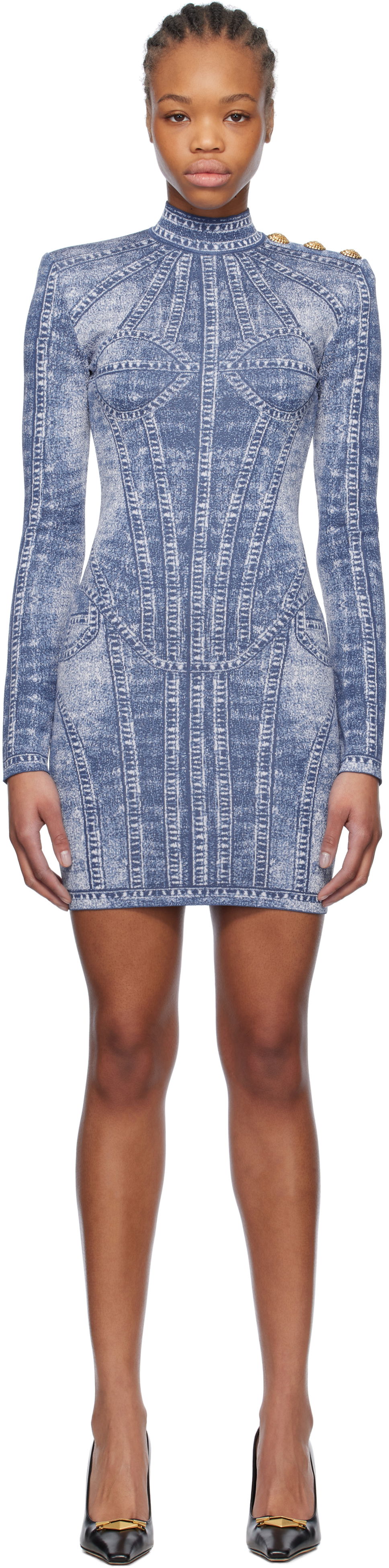 Šaty Balmain Balmain Jacquard Denim Effect Minidress Modrá | EF1R8237KH80, 0
