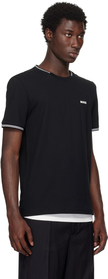 Tričko BOSS Stretch-Cotton T-Shirt with Stripes and BOSS Logo Čierna | 50521245, 2