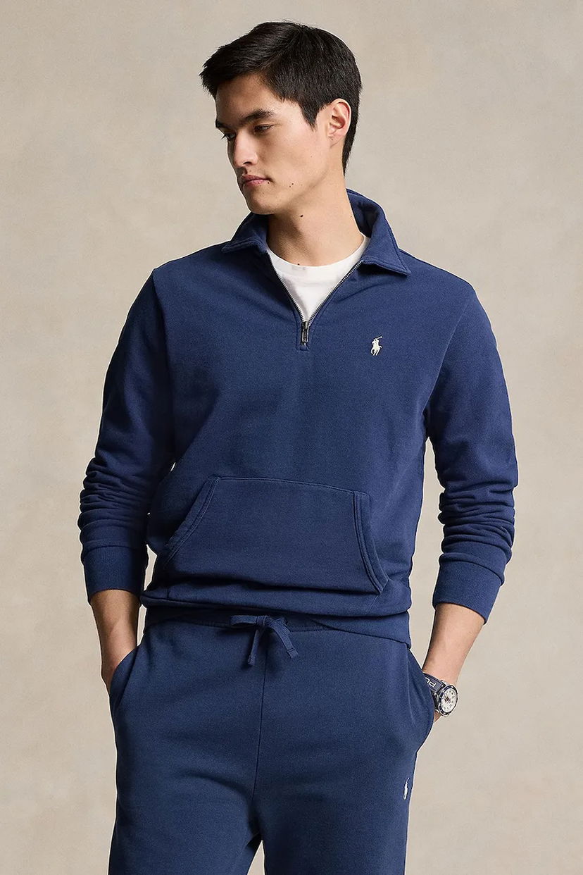 Mikina Polo by Ralph Lauren Smooth Cotton Quarter-Zip Sweatshirt with Kangaroo Pocket Navy | 710934601