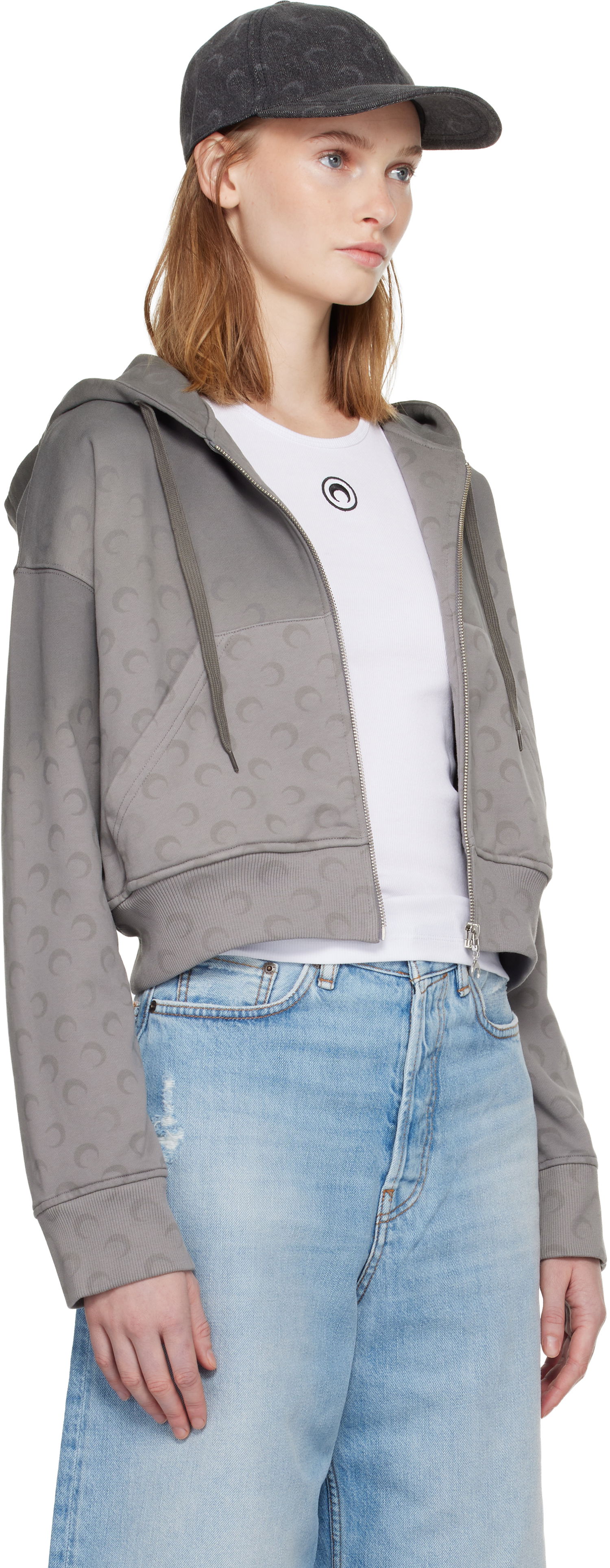 Mikina Marine Serre Marine Serre Faded Moon Fleece Cropped Zipped Hoodie Šedá | WST019ACJER0073, 1