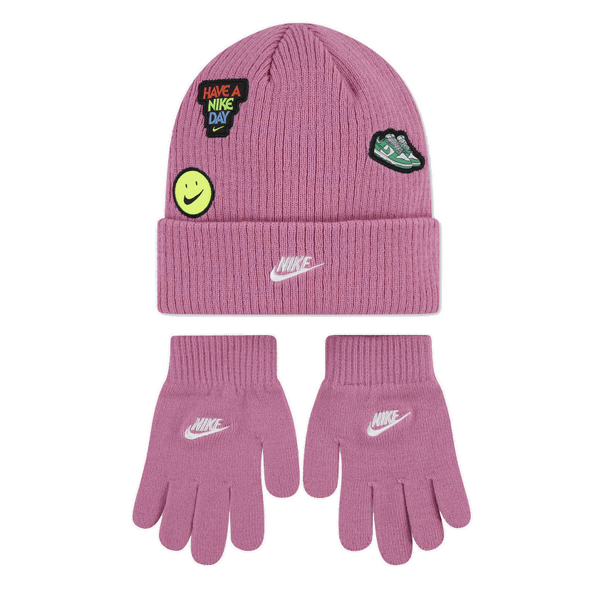 Doplnky Nike Have a Nike Day Knitted Beanie and Gloves Set with Patches Ružová | 9A3135-ACG