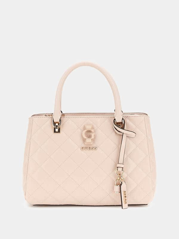 Quilted Patent Handbag with Logo Accent