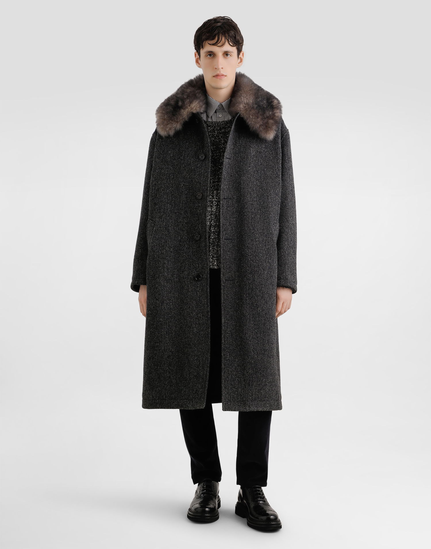 Kabáty Dolce & Gabbana Wool Chevron Coat with Fur Collar Šedá | G047VZFC2E6S8030, 1