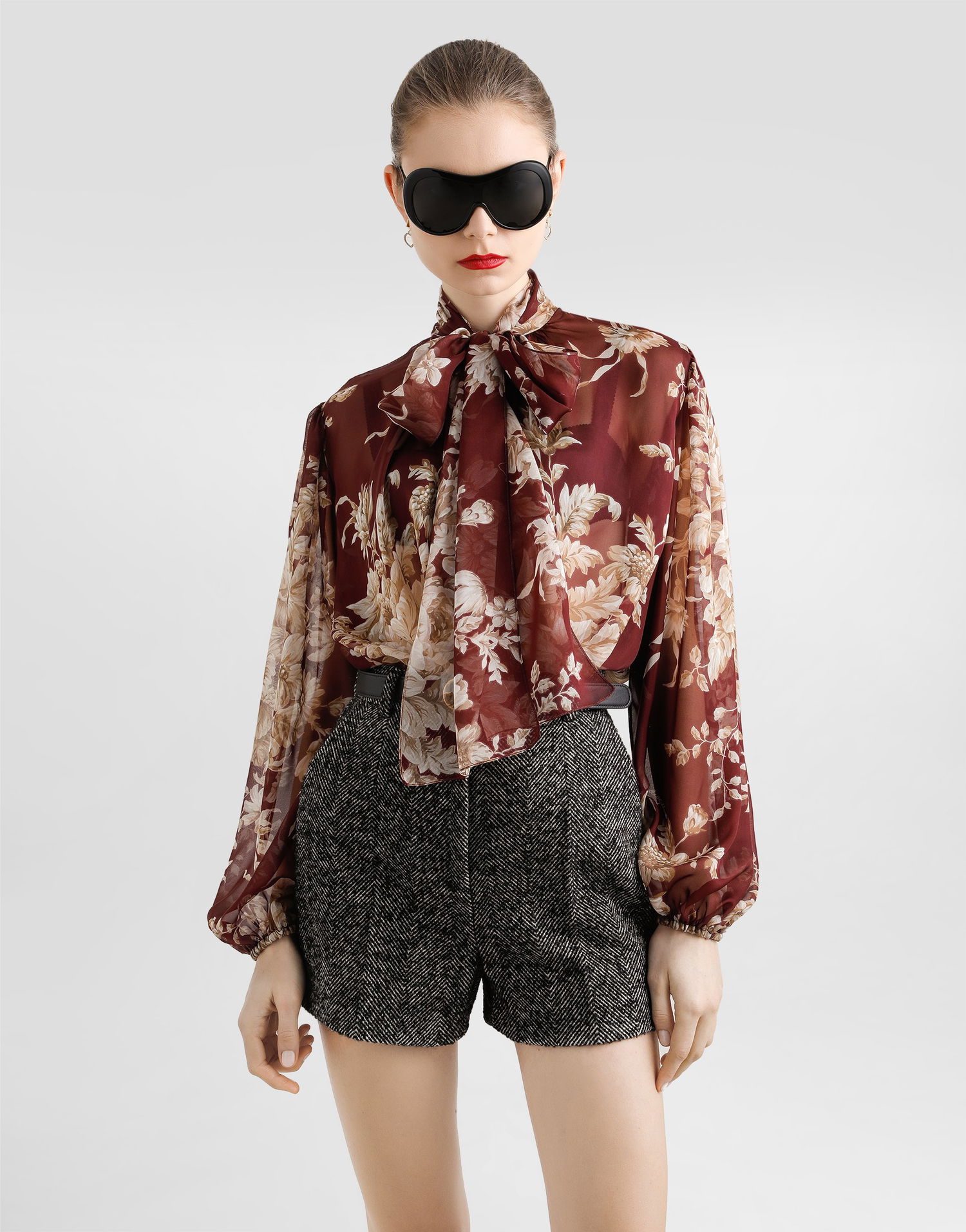 Košeľa Dolce & Gabbana Dolce & Gabbana Rose-Print Chiffon Tie-Neck Blouse Vínová | F5R62TIS1ZOHR4OX, 1