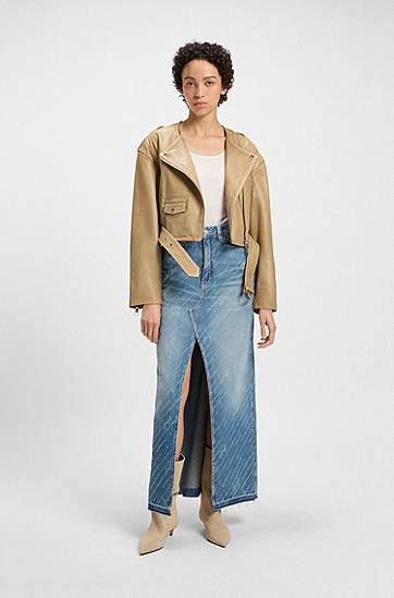 Bunda BOSS Cropped Grained Leather Biker Jacket Béžová | 50543026, 1